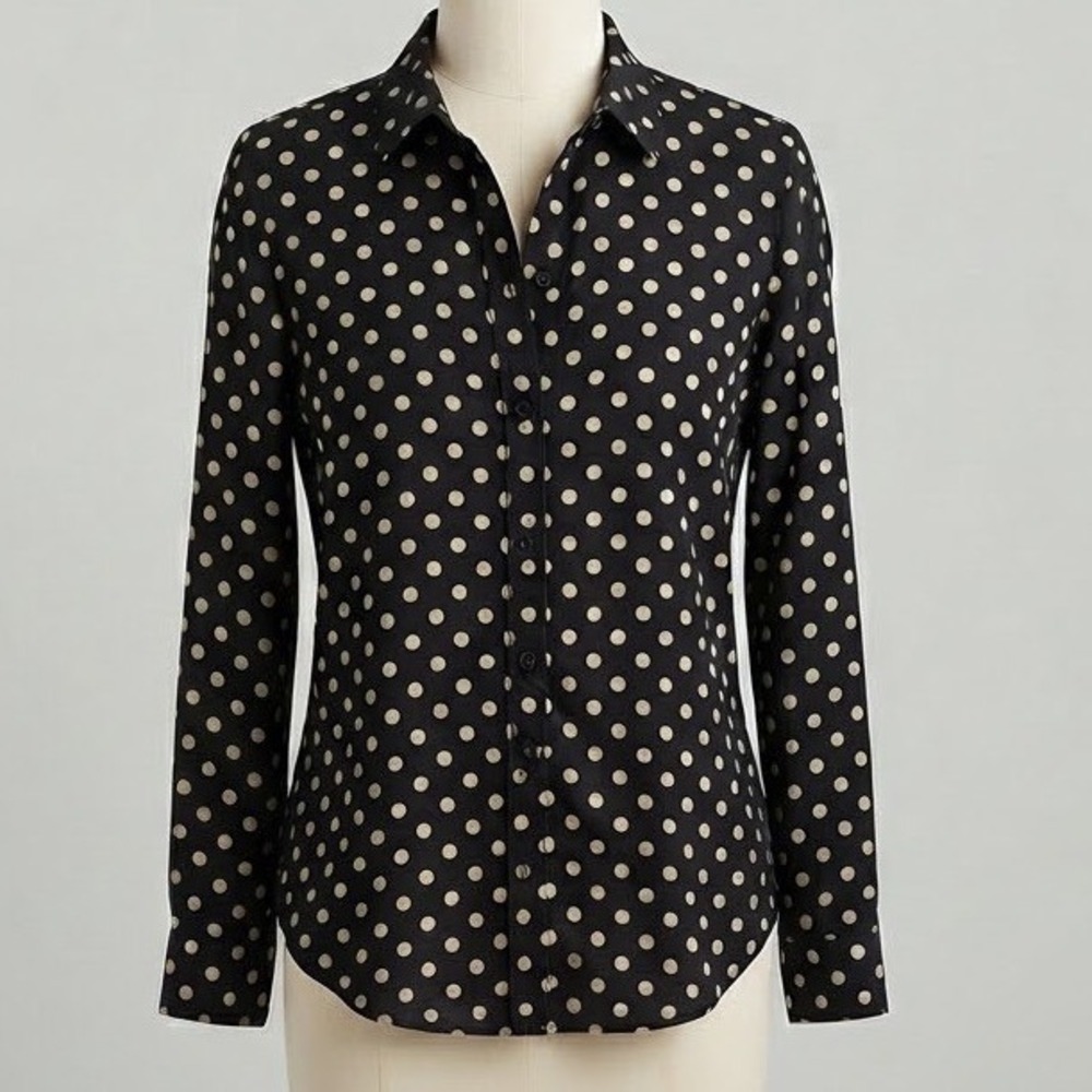 J.Crew Polka Dot Cotton Silk Blend Blouse Black White Long Sleeve Top Medium